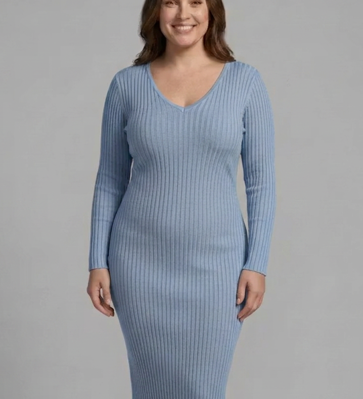Damen Rippstrick V-Ausschnitt Langarm Bodycon Midi Kleid
