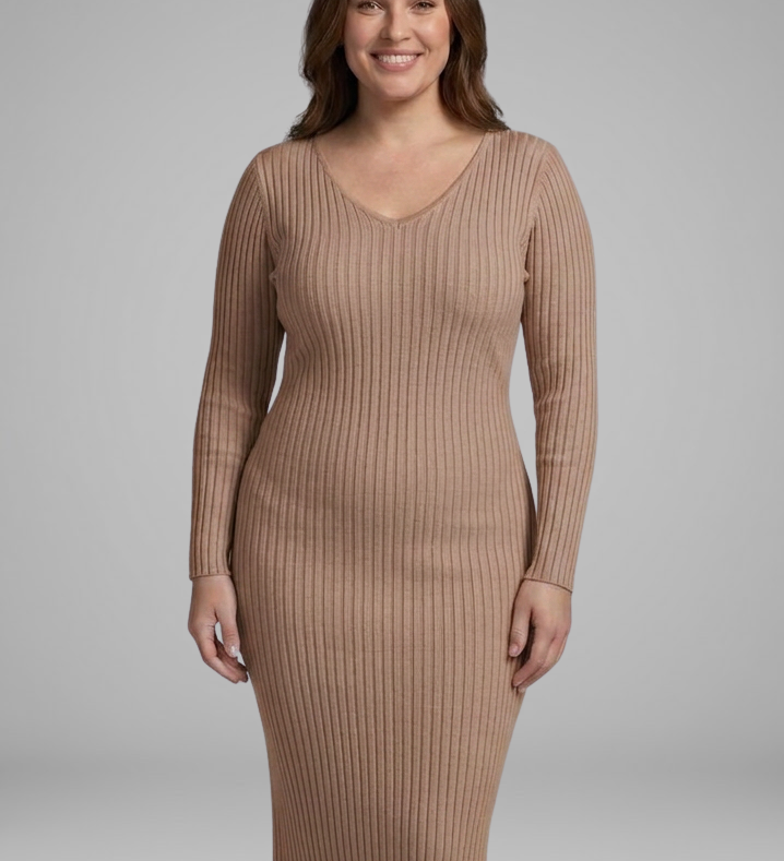 Damen Rippstrick V-Ausschnitt Langarm Bodycon Midi Kleid