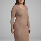 Damen Rippstrick V-Ausschnitt Langarm Bodycon Midi Kleid