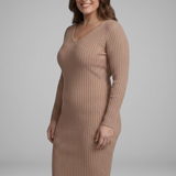 Damen Rippstrick V-Ausschnitt Langarm Bodycon Midi Kleid