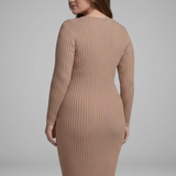Damen Rippstrick V-Ausschnitt Langarm Bodycon Midi Kleid