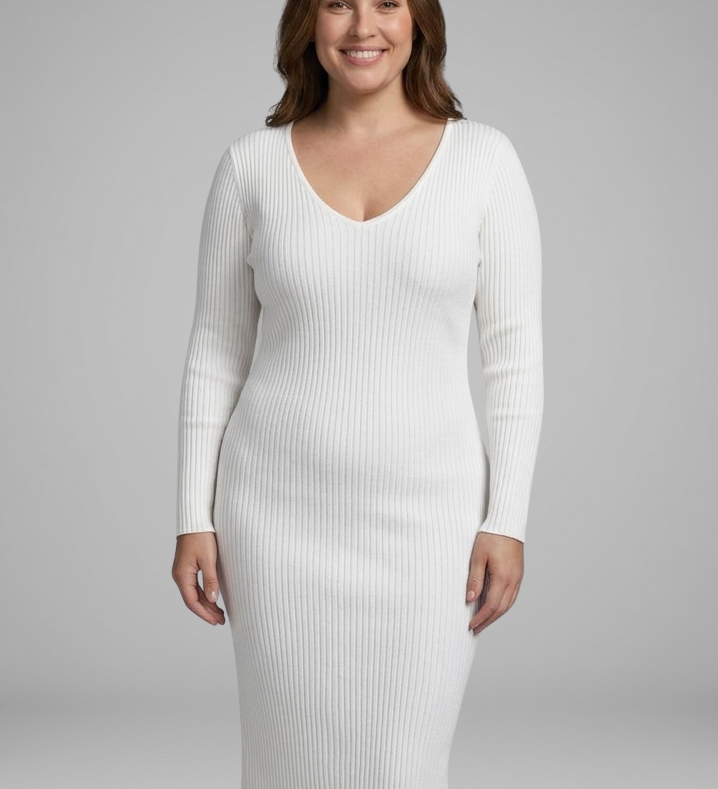 Damen Rippstrick V-Ausschnitt Langarm Bodycon Midi Kleid