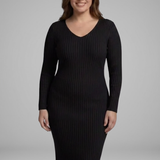 Damen Rippstrick V-Ausschnitt Langarm Bodycon Midi Kleid