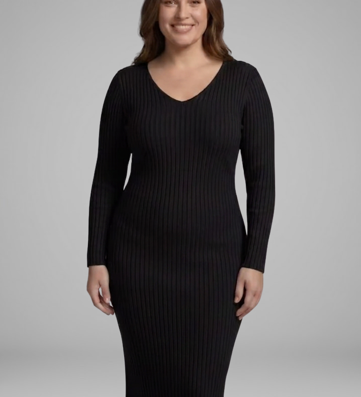 Damen Rippstrick V-Ausschnitt Langarm Bodycon Midi Kleid
