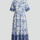 Damen Midi-Kleid mit V-Ausschnitt und kurzen Ärmeln