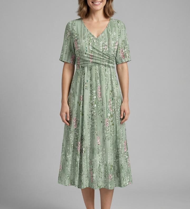 Damen Midi-Kleid mit V-Ausschnitt und kurzen Ärmeln