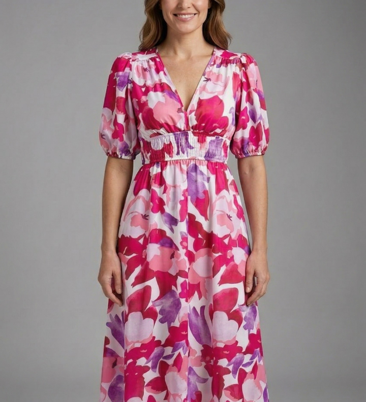 Damen Midi-Kleid mit V-Ausschnitt und kurzen Ärmeln