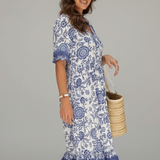Damen Midi-Kleid mit V-Ausschnitt und kurzen Ärmeln