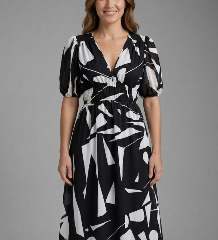 Damen Midi-Kleid mit V-Ausschnitt und kurzen Ärmeln