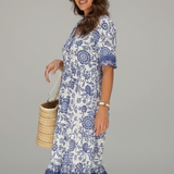 Damen Midi-Kleid mit V-Ausschnitt und kurzen Ärmeln