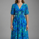 Damen Midi-Kleid mit V-Ausschnitt und kurzen Ärmeln