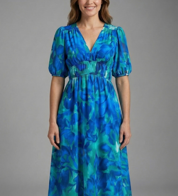 Damen Midi-Kleid mit V-Ausschnitt und kurzen Ärmeln