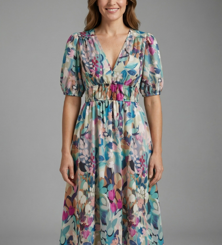 Damen Midi-Kleid mit V-Ausschnitt und kurzen Ärmeln
