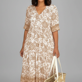 Damen Midi-Kleid mit V-Ausschnitt und kurzen Ärmeln