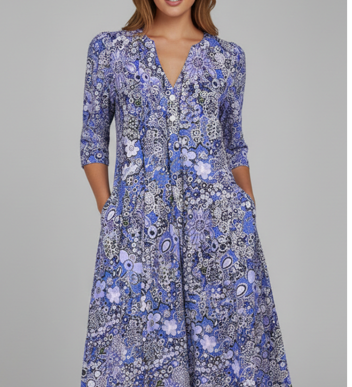 Damen Midi-Kleid mit V-Ausschnitt und Dreiviertelärmeln