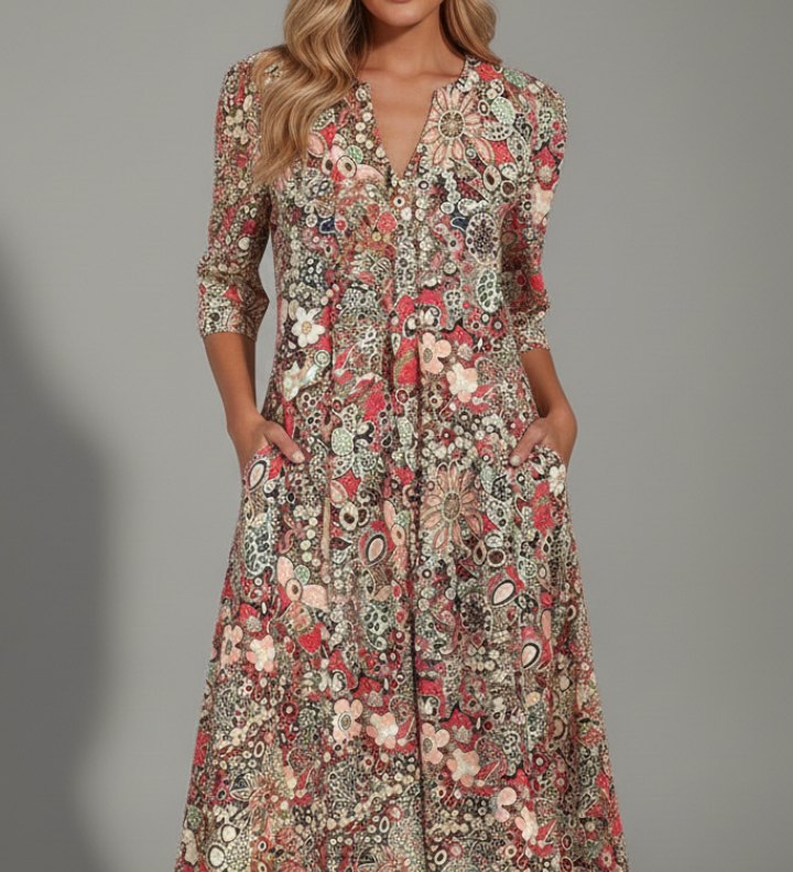 Damen Midi-Kleid mit V-Ausschnitt und Dreiviertelärmeln