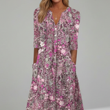 Damen Midi-Kleid mit V-Ausschnitt und Dreiviertelärmeln