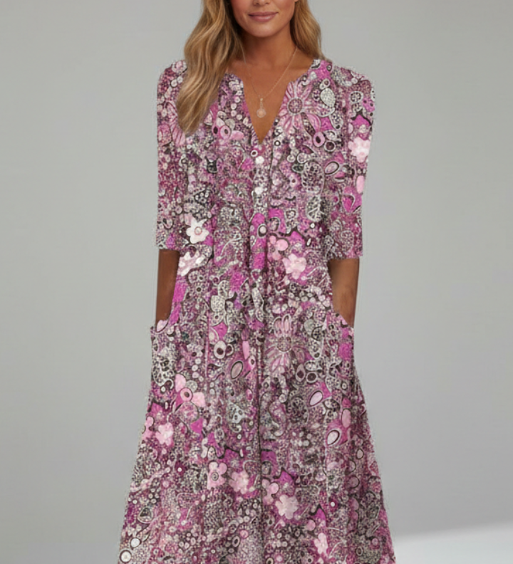 Damen Midi-Kleid mit V-Ausschnitt und Dreiviertelärmeln