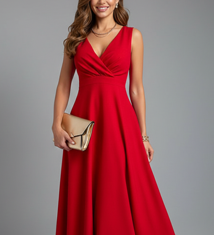 Damen Midi Kleid mit V-Ausschnitt und Reißverschluss