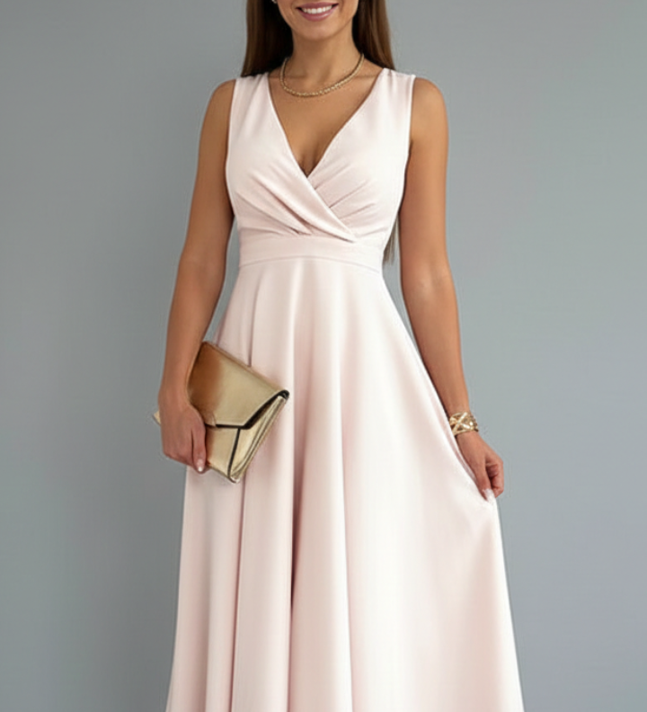 Damen Midi Kleid mit V-Ausschnitt und Reißverschluss
