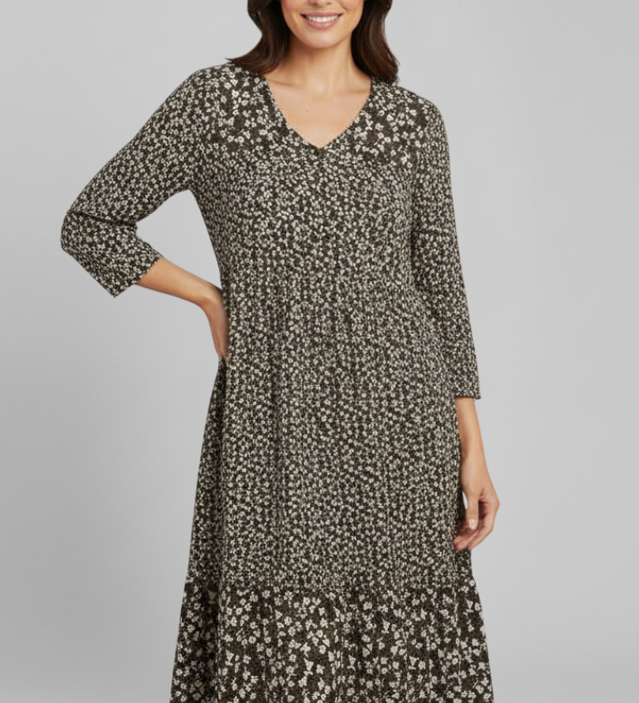 Damen Midi-Kleid mit V-Ausschnitt und gerafftem Bund