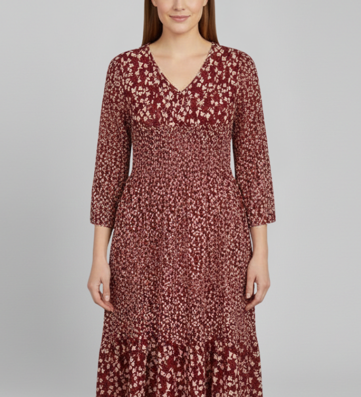 Damen Midi-Kleid mit V-Ausschnitt und gerafftem Bund