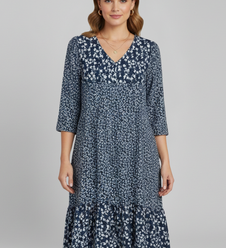 Damen Midi-Kleid mit V-Ausschnitt und gerafftem Bund