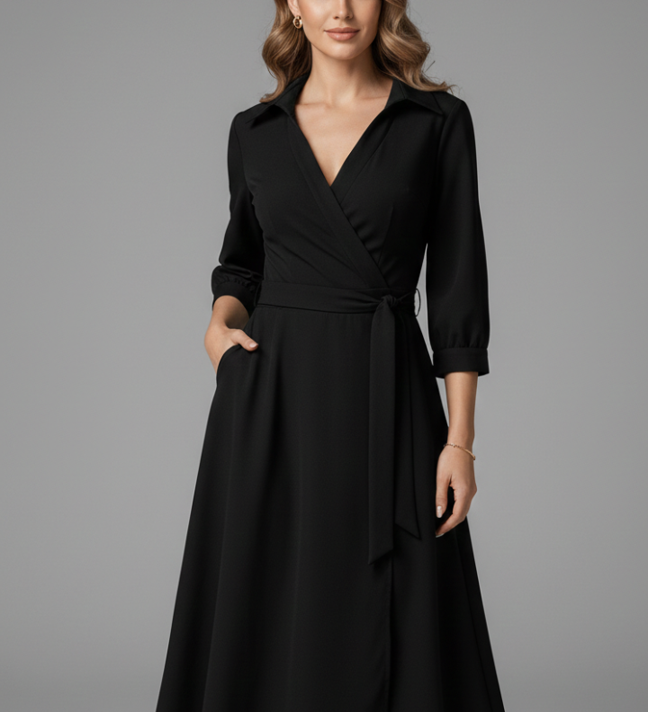 Damen Midi-Kleid mit V-förmigem Ausschnitt und langen Ärmeln