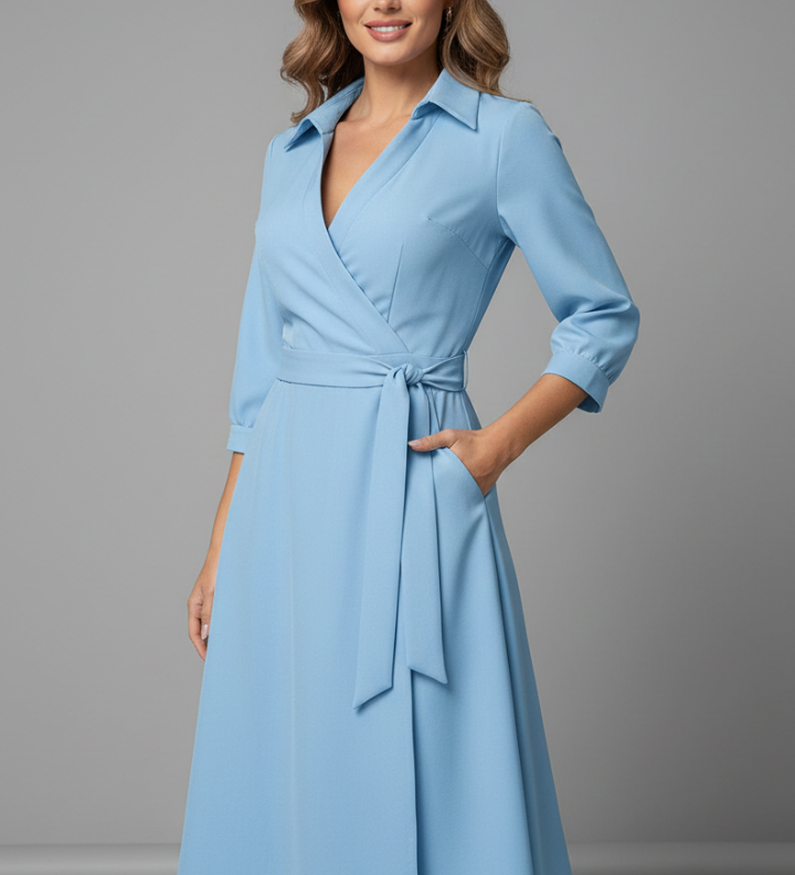 Damen Midi-Kleid mit V-förmigem Ausschnitt und langen Ärmeln