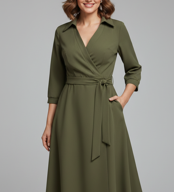 Damen Midi-Kleid mit V-förmigem Ausschnitt und langen Ärmeln