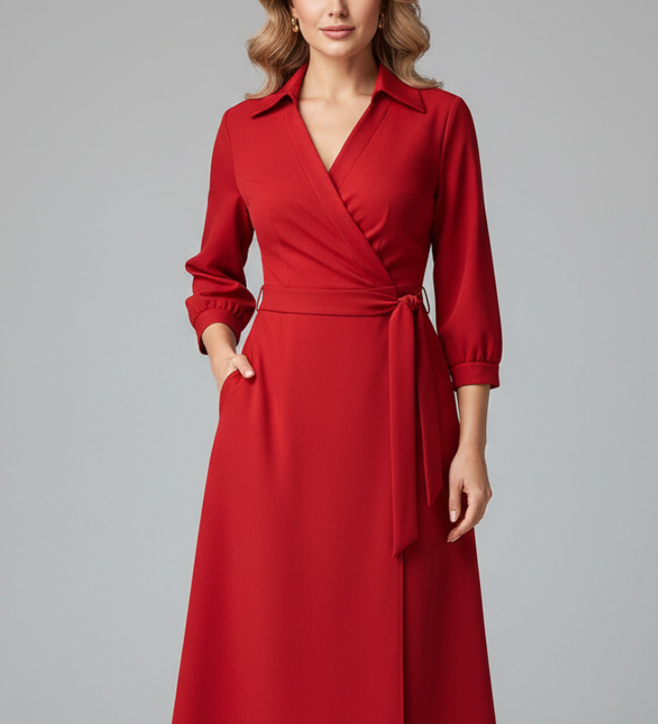 Damen Midi-Kleid mit V-förmigem Ausschnitt und langen Ärmeln