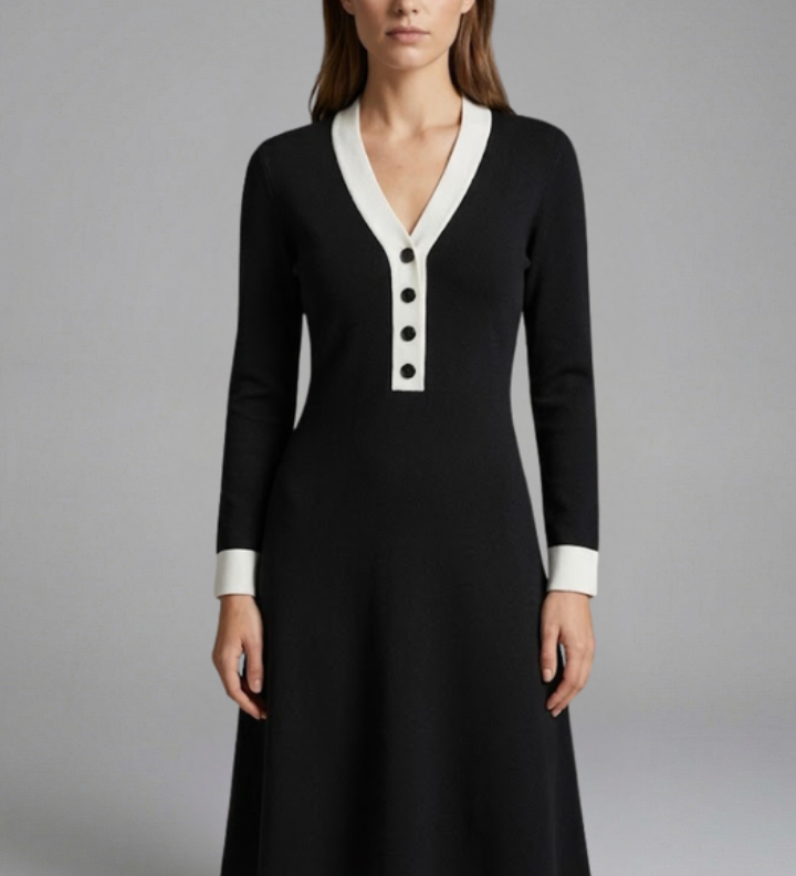 Damen Midi Kleid mit V-Ausschnitt und Knopfdetails