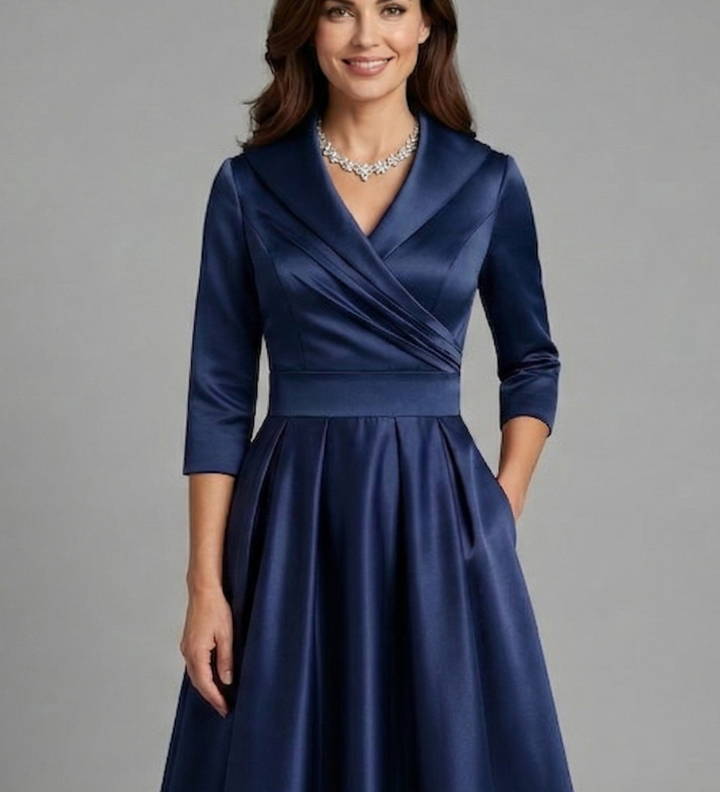 Damen Midi Kleid mit V-Ausschnitt und gefälteltem Bund