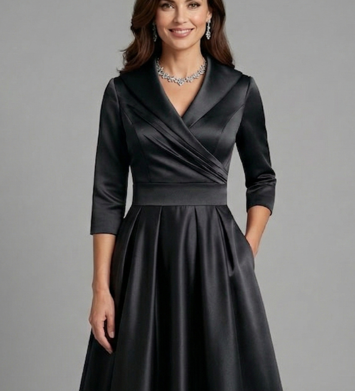 Damen Midi Kleid mit V-Ausschnitt und gefälteltem Bund