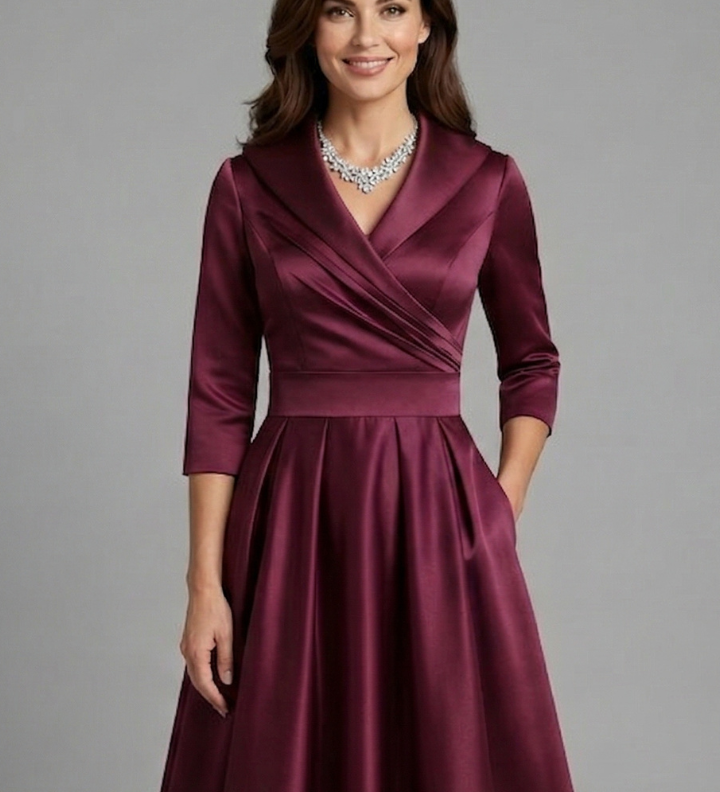 Damen Midi Kleid mit V-Ausschnitt und gefälteltem Bund