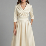 Damen Midi Kleid mit V-Ausschnitt und gefälteltem Bund
