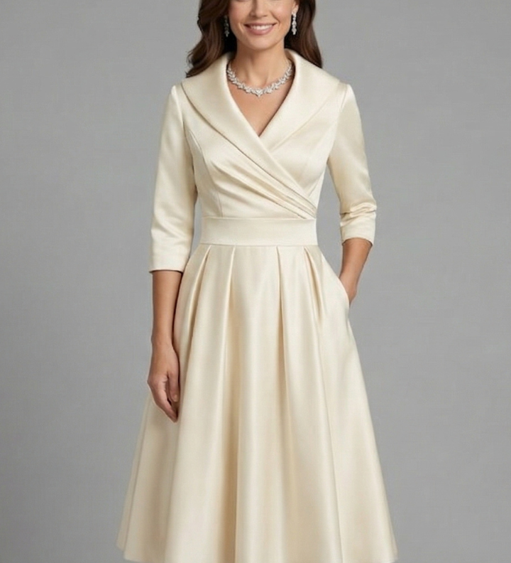 Damen Midi Kleid mit V-Ausschnitt und Faltenbund