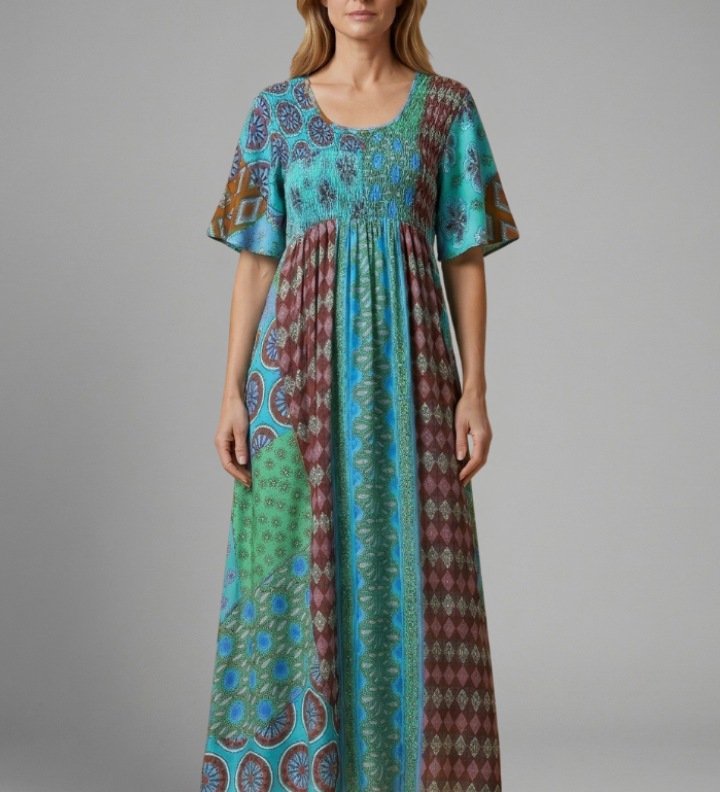 Damen Midi-Kleid mit Paisley-Muster und Rundhalsausschnitt