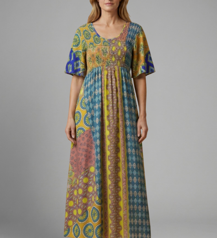 Damen Midi-Kleid mit Paisley-Muster und Rundhalsausschnitt