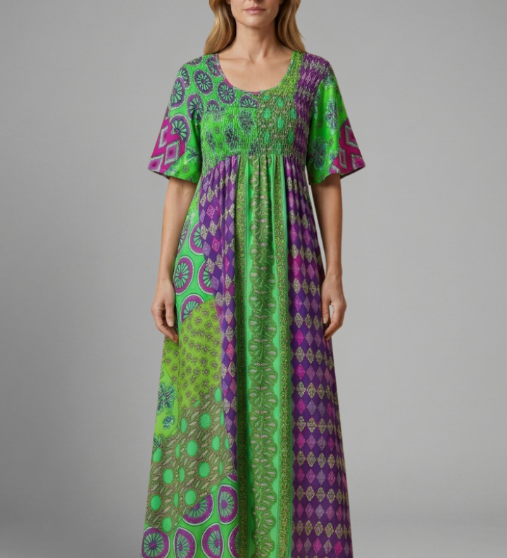 Damen Midi-Kleid mit Paisley-Muster und Rundhalsausschnitt