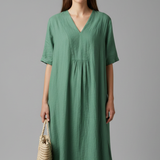 Damen Midi Kleid mit V-Ausschnitt und kurzen Ärmeln