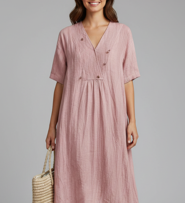 Damen Midi Kleid mit V-Ausschnitt und kurzen Ärmeln