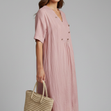 Damen Midi Kleid mit V-Ausschnitt und kurzen Ärmeln