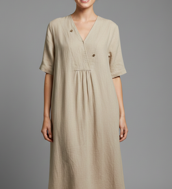 Damen Midi-Kleid mit V-Ausschnitt und kurzen Ärmeln