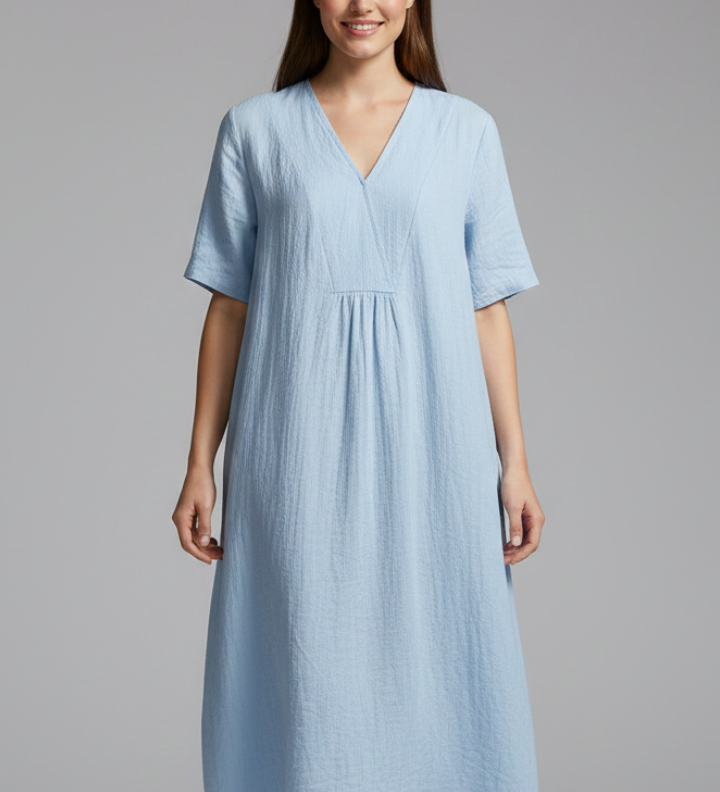 Damen Midi Kleid mit V-Ausschnitt und kurzen Ärmeln