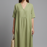 Damen Midi Kleid mit V-Ausschnitt und kurzen Ärmeln