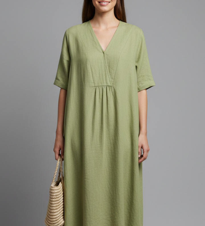 Damen Midi-Kleid mit V-Ausschnitt und kurzen Ärmeln