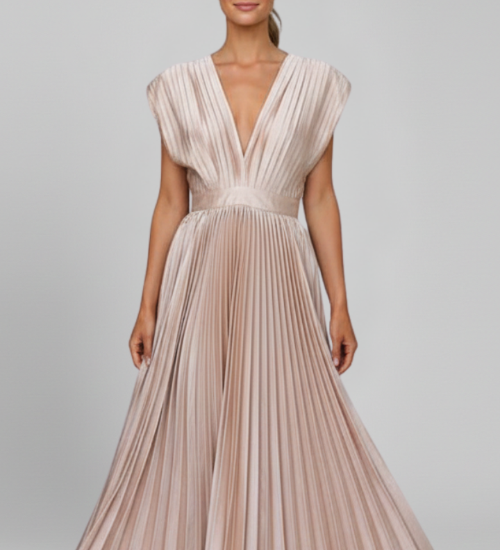 Damen Midi-Kleid mit V-Ausschnitt und plissiertem Rock