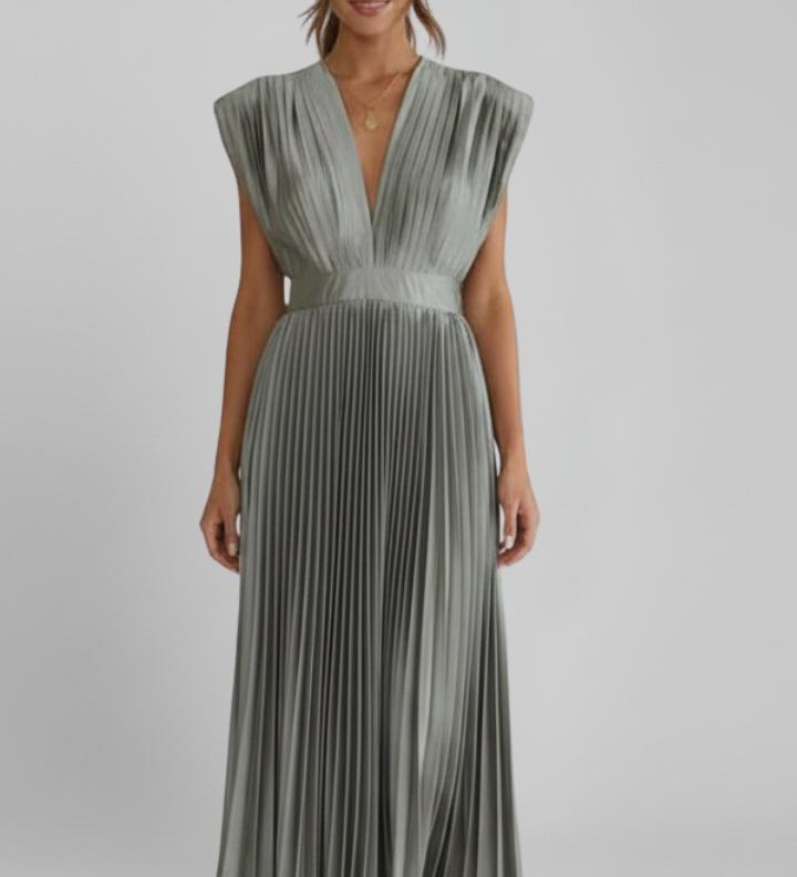 Damen Midi-Kleid mit V-Ausschnitt und plissiertem Rock