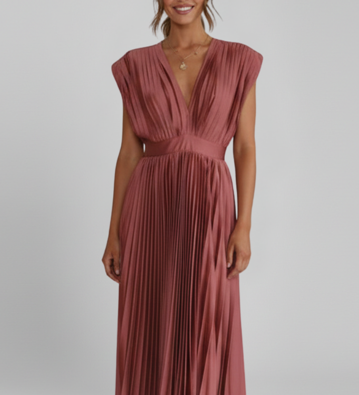 Damen Midi-Kleid mit V-Ausschnitt und plissiertem Rock